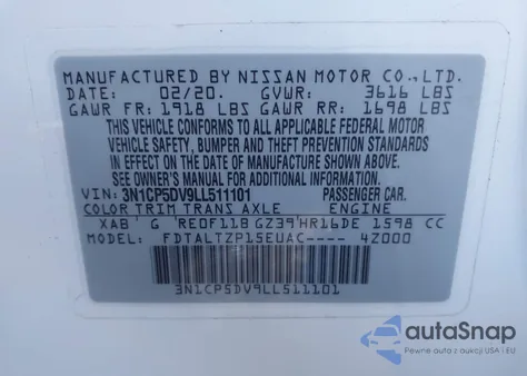 2020 Nissan Kicks Sr Xtronic Cvt из США, поврежденный, VIN 3N1CP5DV9LL511101